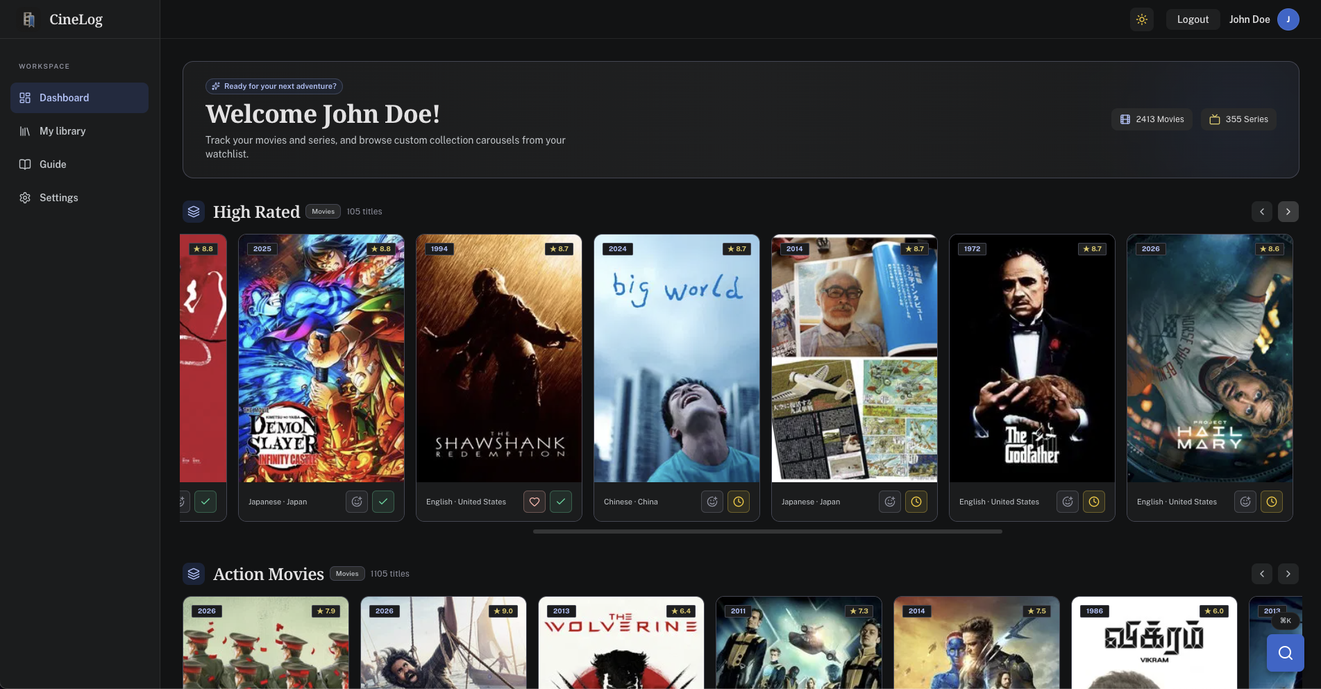 CineLog Dashboard — personalized welcome, library counters, and custom collection carousels