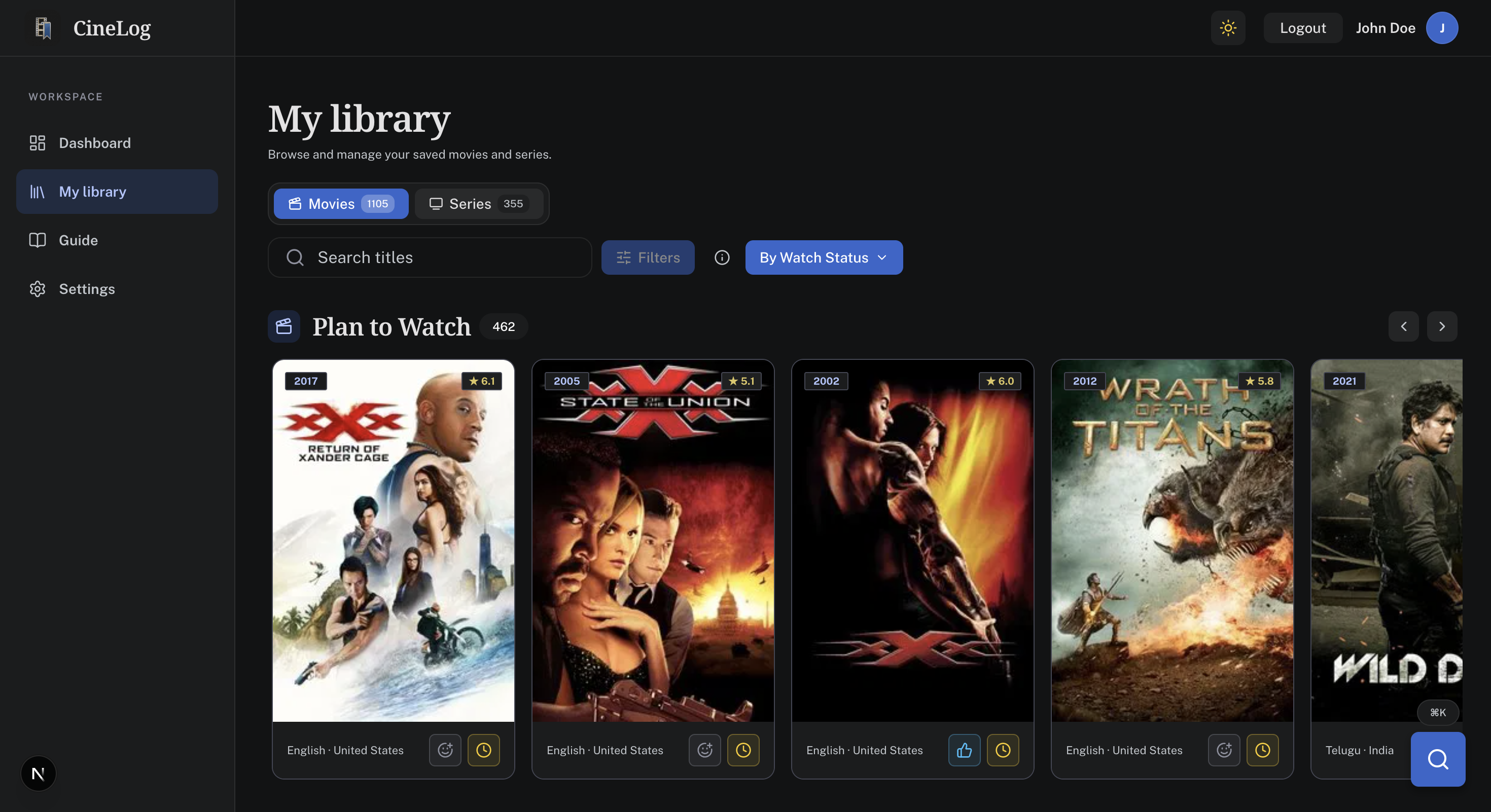CineLog Library — filterable grid, sorting, grouping, and card status actions