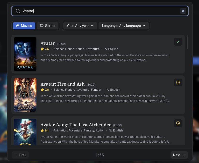 CineLog Search & Discover dialog — real-time TMDB query, media filters, and quick-add actions