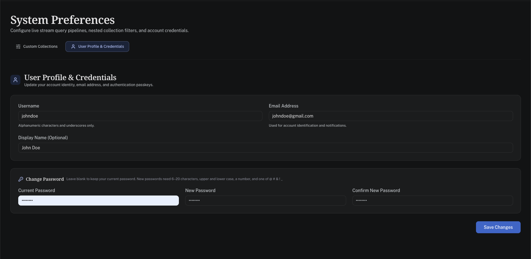 CineLog Settings — User Profile & Credentials management