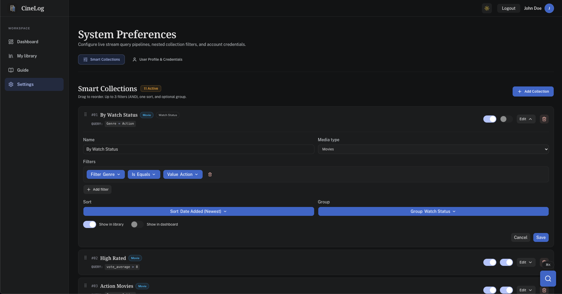 CineLog Smart Collections Builder — rule pipelines, filters, sort, group, and display toggles