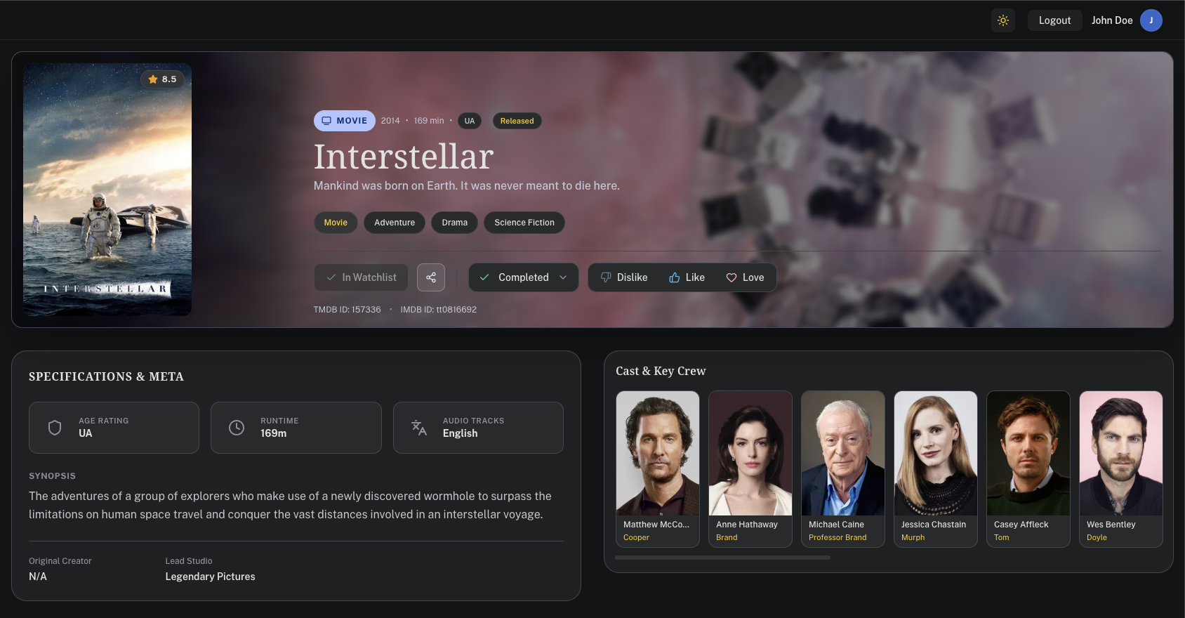 CineLog Title Detail — backdrop hero, specifications, reactions, action bar, and cast grid